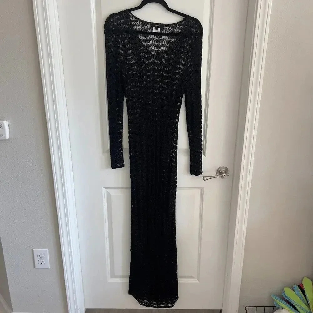 B117 Whistles London Crochet Maxi Long Sleeve Dress Size Medium Color Black
